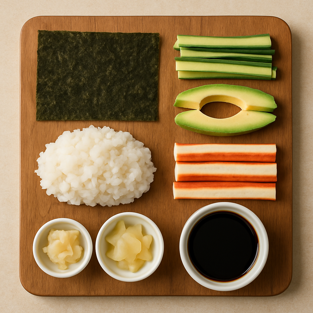Ingredients for sushi rolls on a wooden board