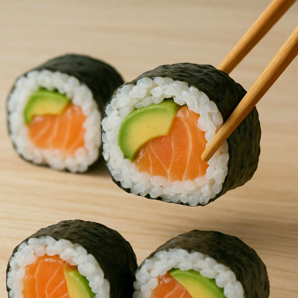 Fresh avocado and salmon roll with chopsticks