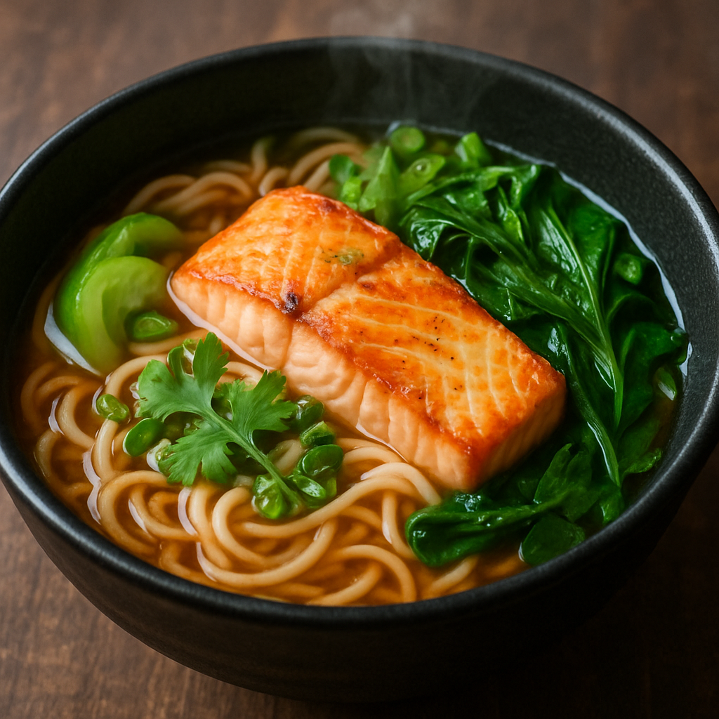 A steaming bowl of salmon ramen noodles with fresh vegetables and herbs