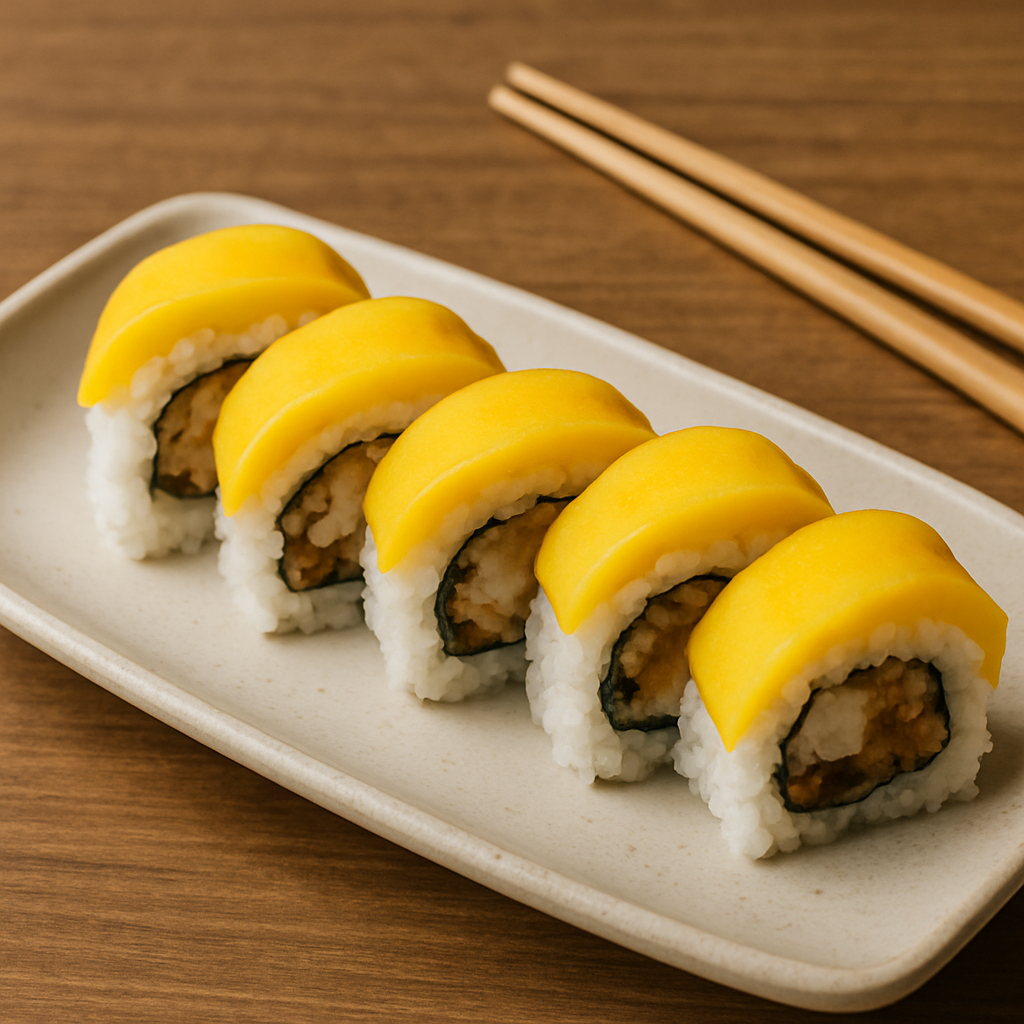 Mango tempura roll on a plate with chopsticks