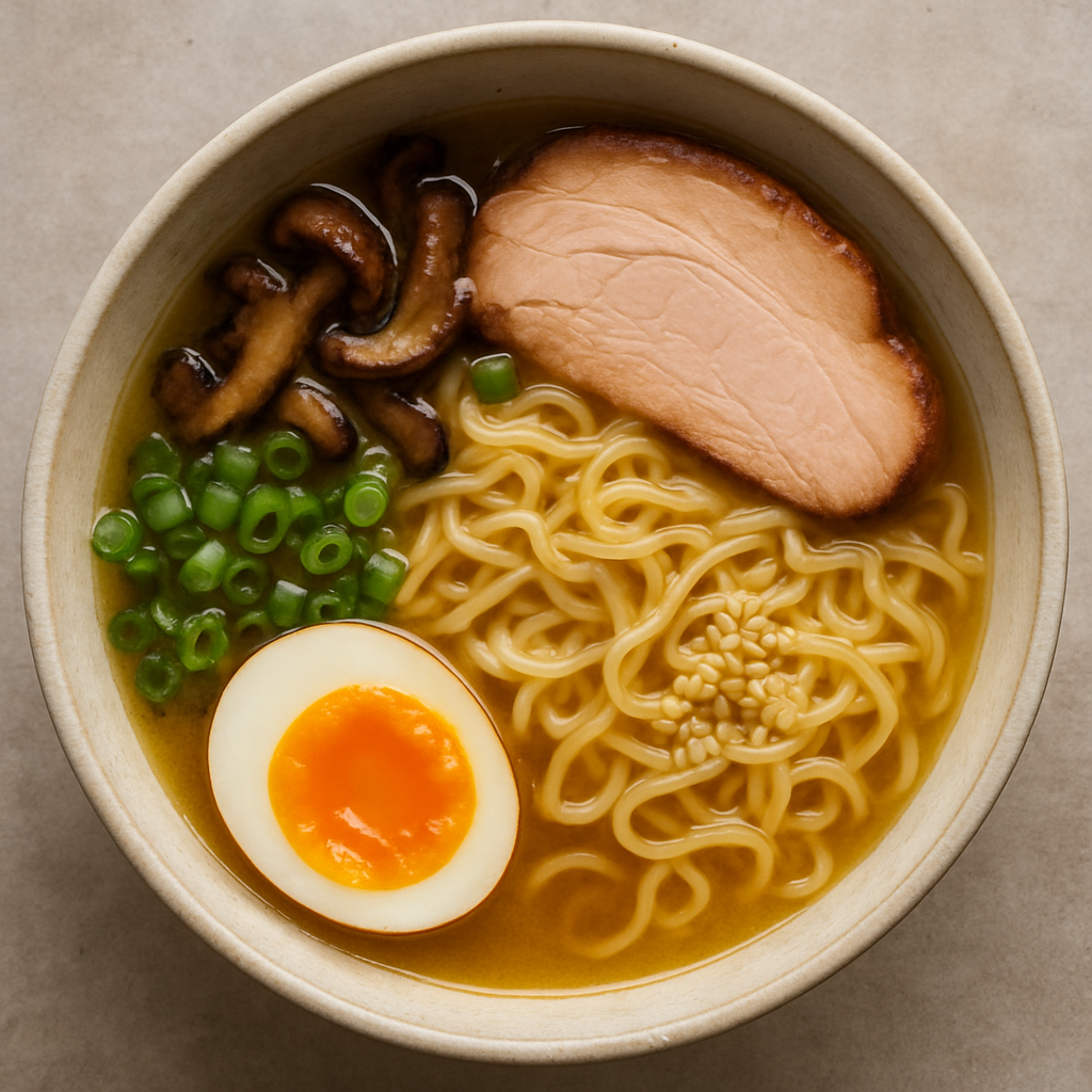 Bowl of bone broth ramen with toppings