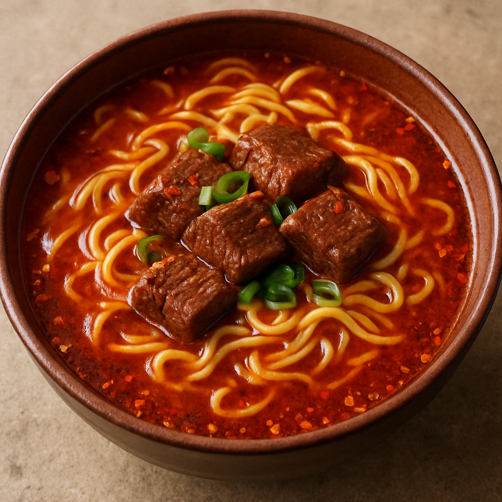Spicy beef ramen with chili flakes