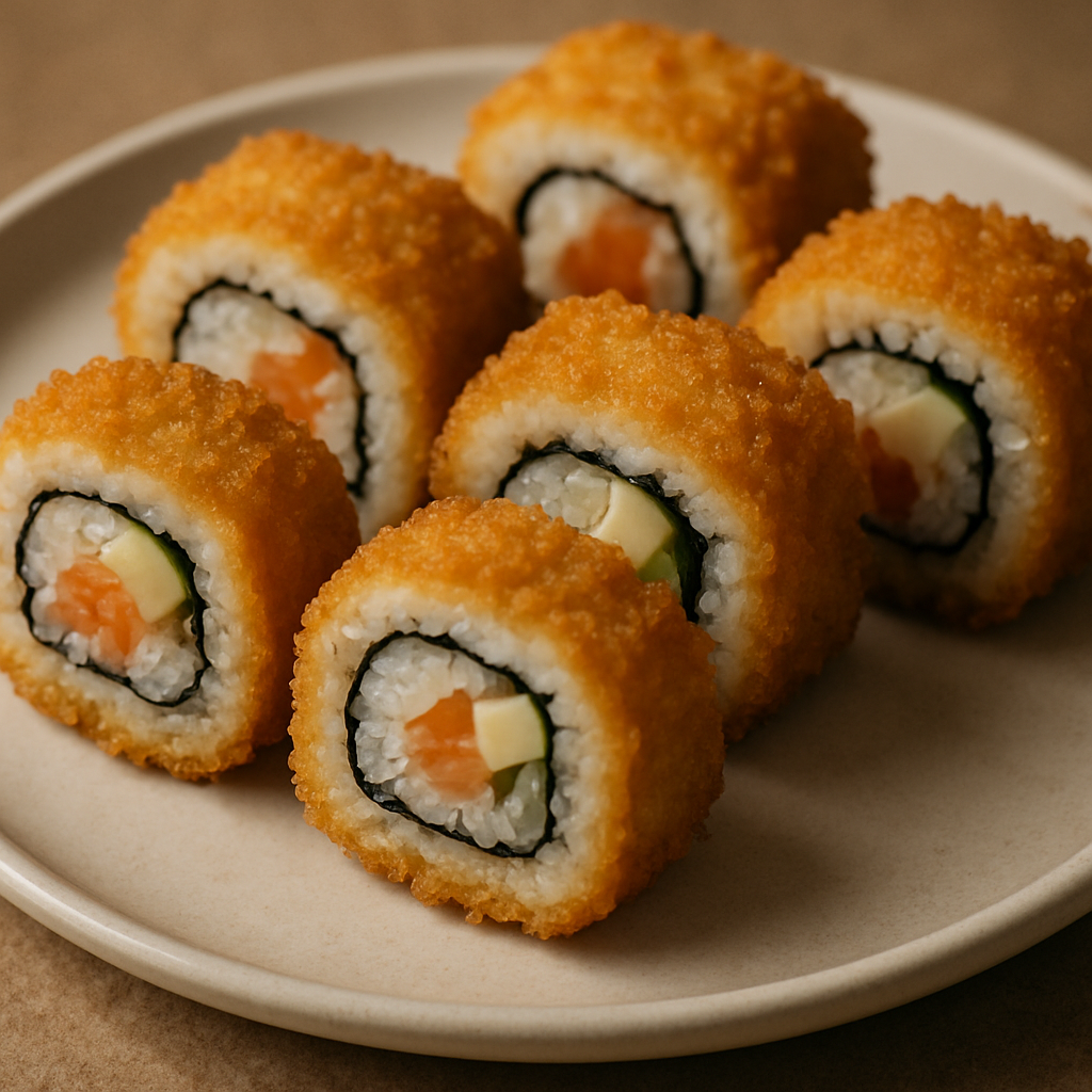 Close-up of golden-brown fried sushi rolls on a plate