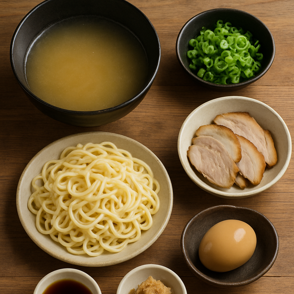 Ingredients for Shirodashi Ramen on a wooden table