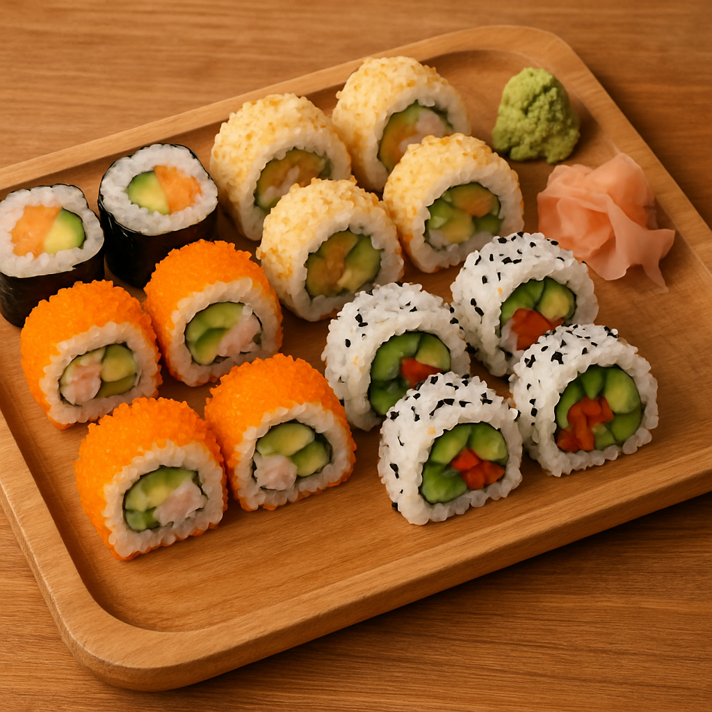 A variety of colorful and healthy sushi rolls on a wooden platter