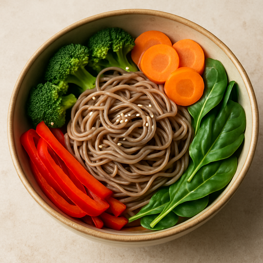 Vegan buckwheat noodle ramen with vegetables